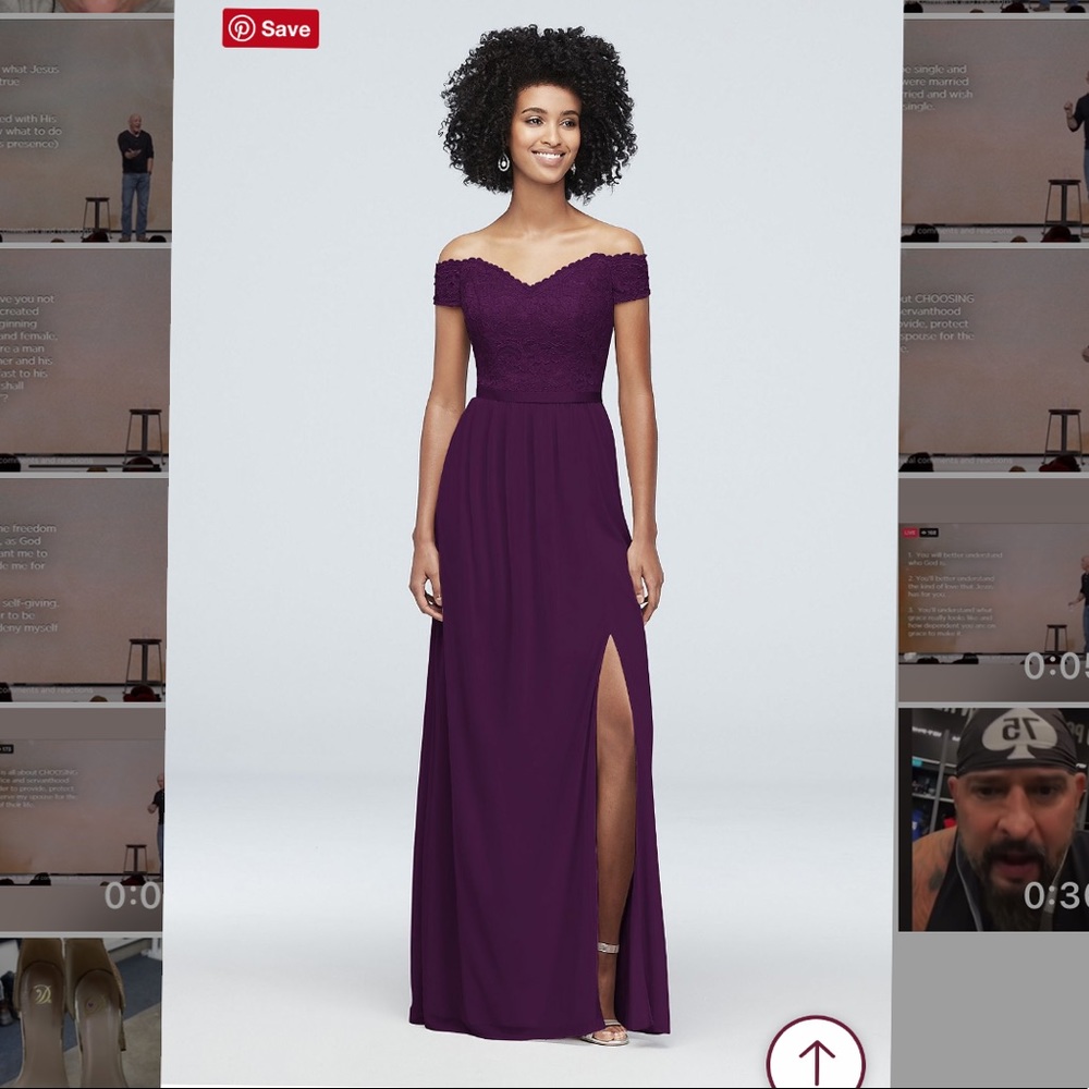Off the shoulder lace and mesh bridesmaid dress